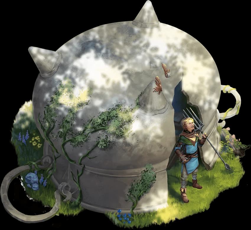 A character raised in the ruins of giant civilization uses giant-made tools