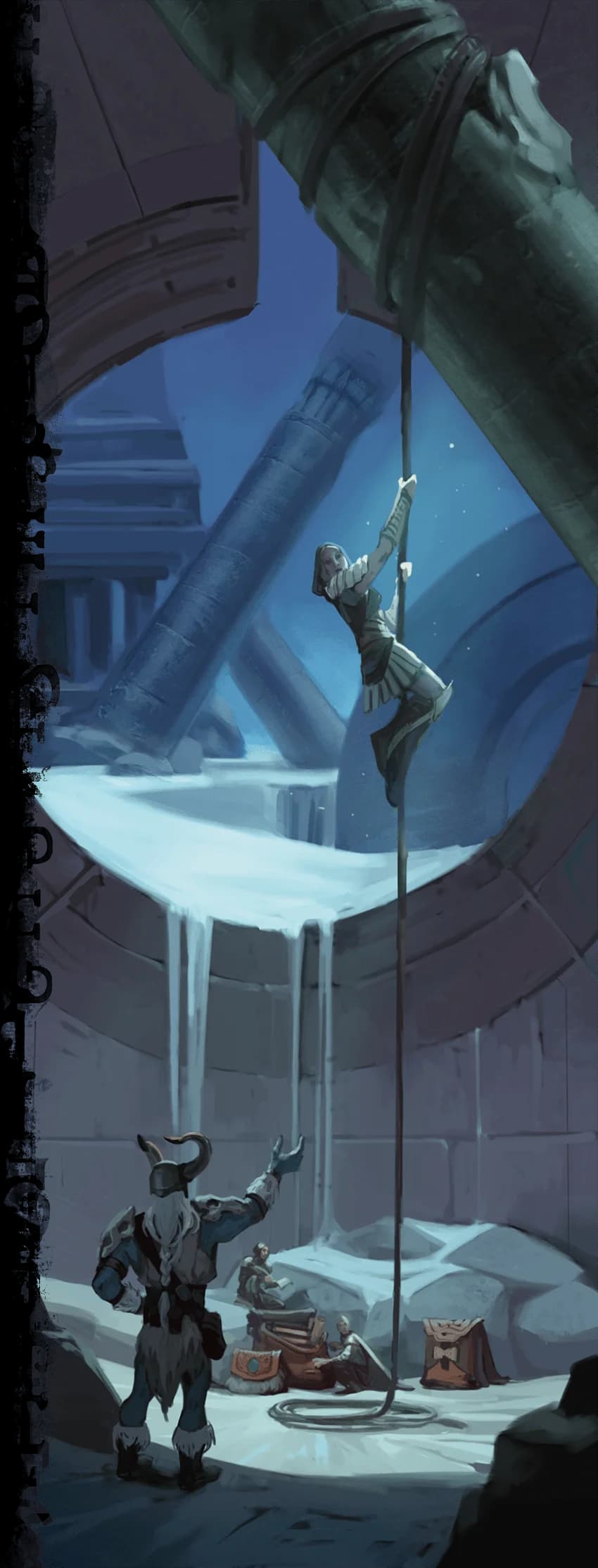 Giants of the Hidden Rune explore a ruin with help from smaller assistants