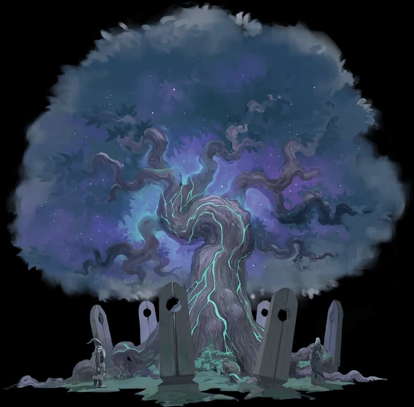 Giants of the Worldroot Circle gather around a seedling of the World Tree