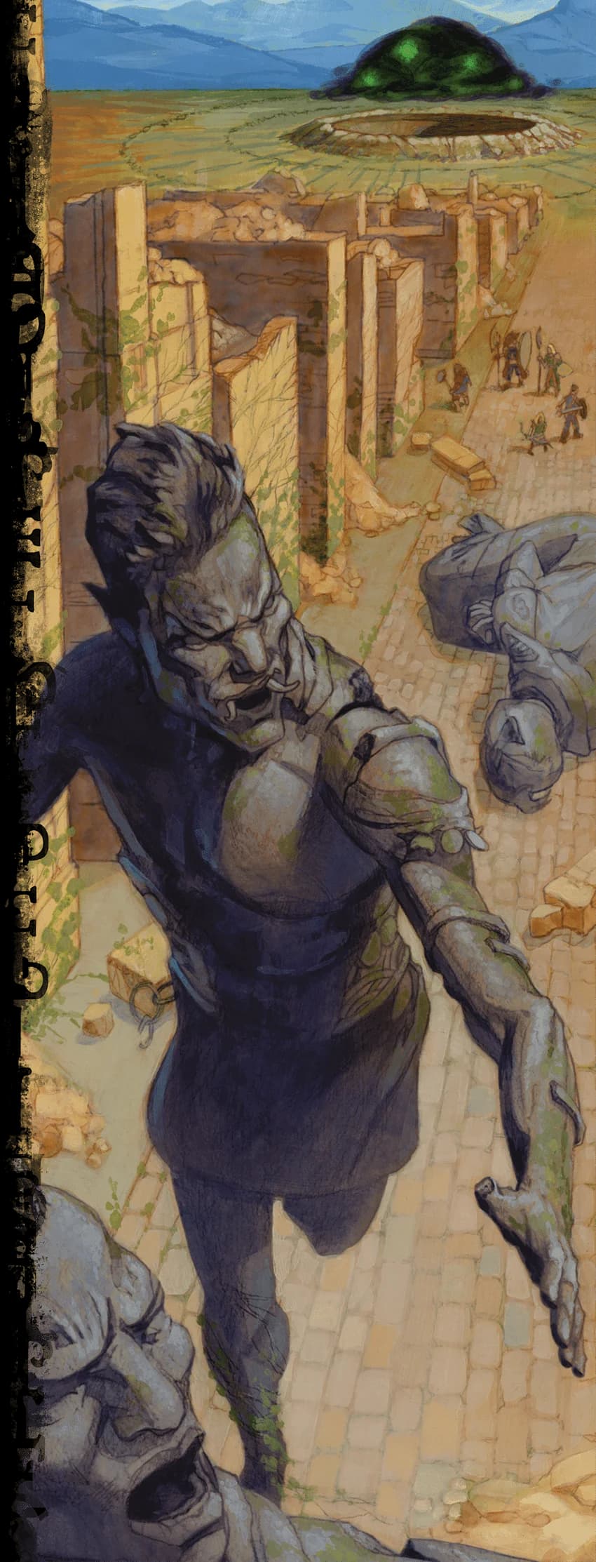 Adventurers explore a city of petrified giants