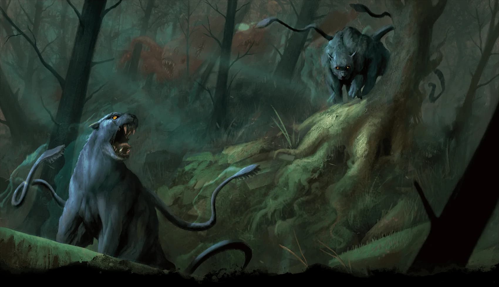 A pair of displacer beasts in a dark forest has the makings of a memorable encounter
