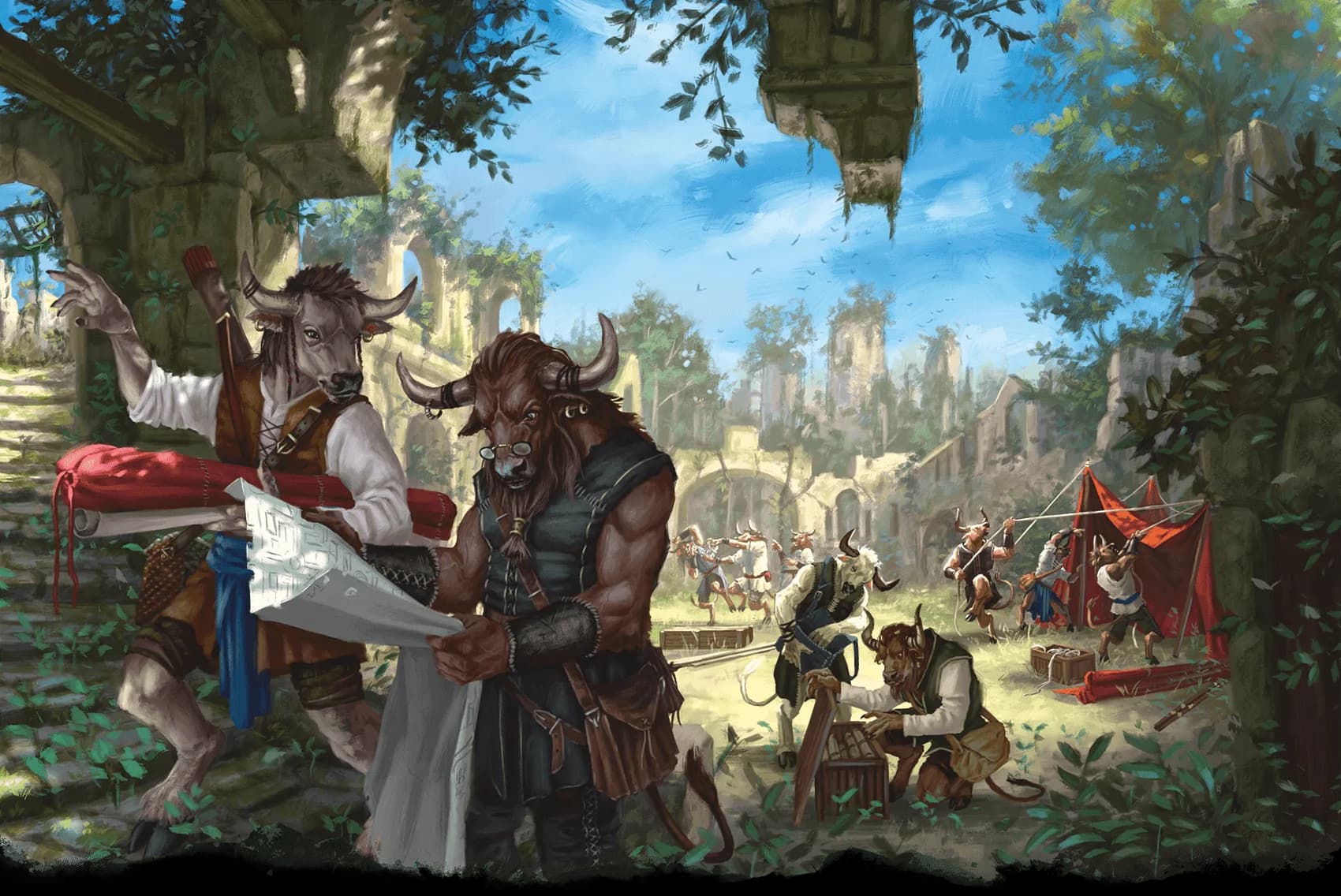 The minotaur archaeologists at the ruins are potential allies