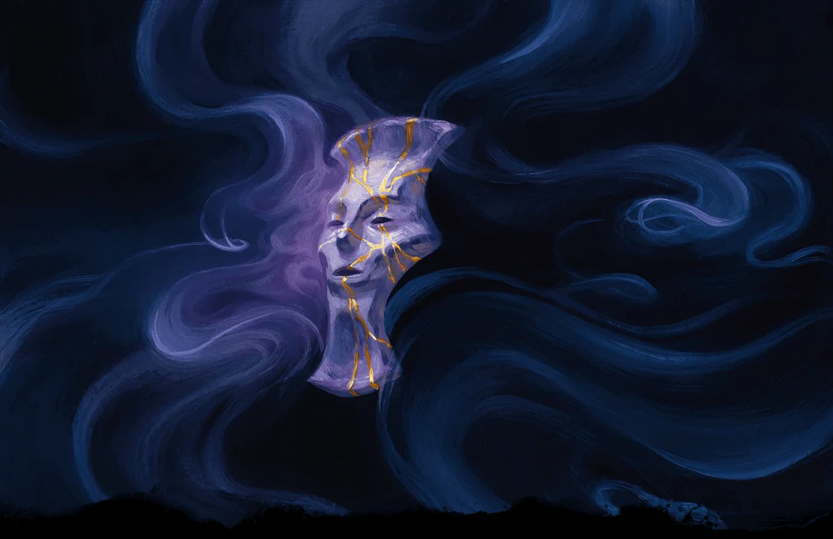 A porcelain mask floats within the void at the heart of the House of Cards