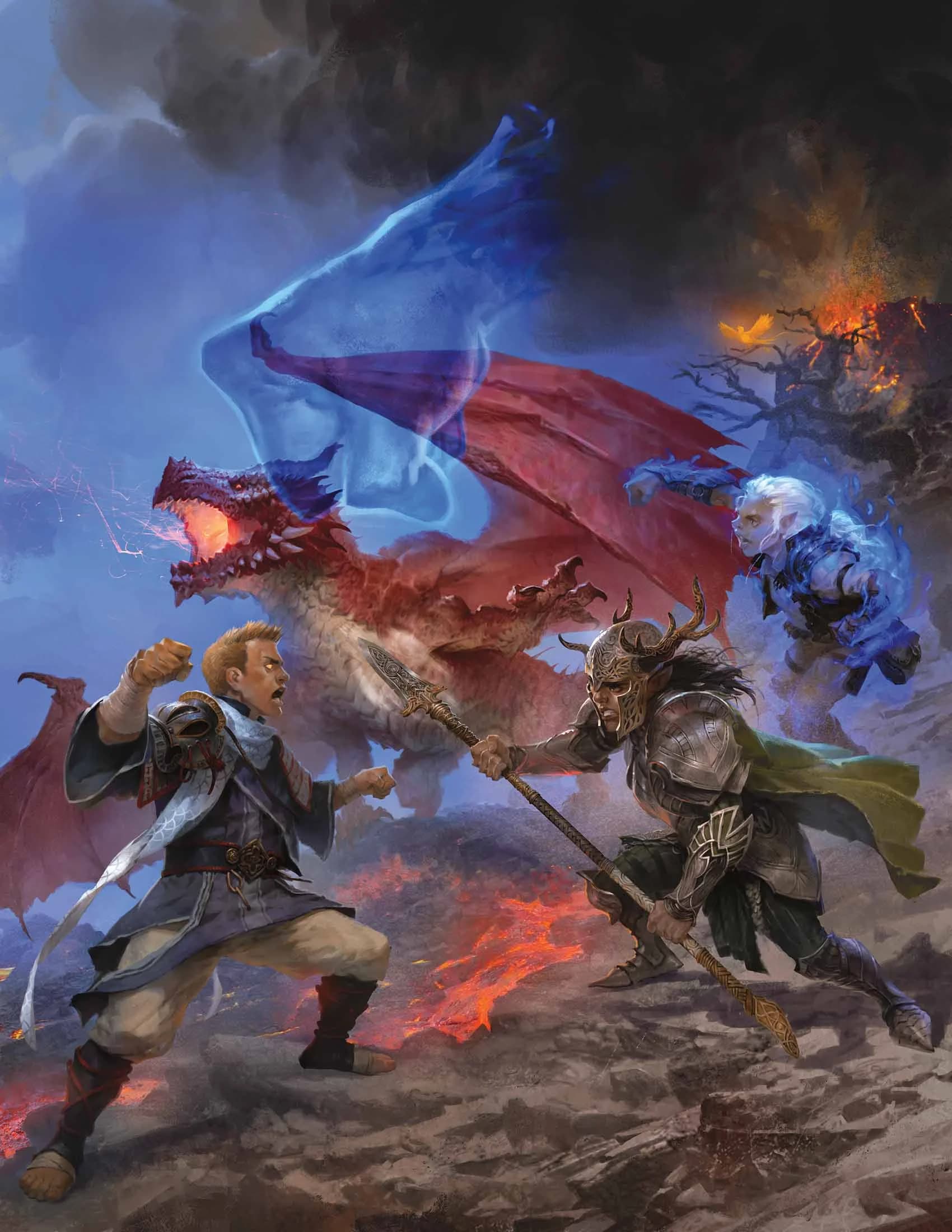 In his guise as a young monk, Bahamut helps a pair of adventurers put an end to a young red dragon's depredations