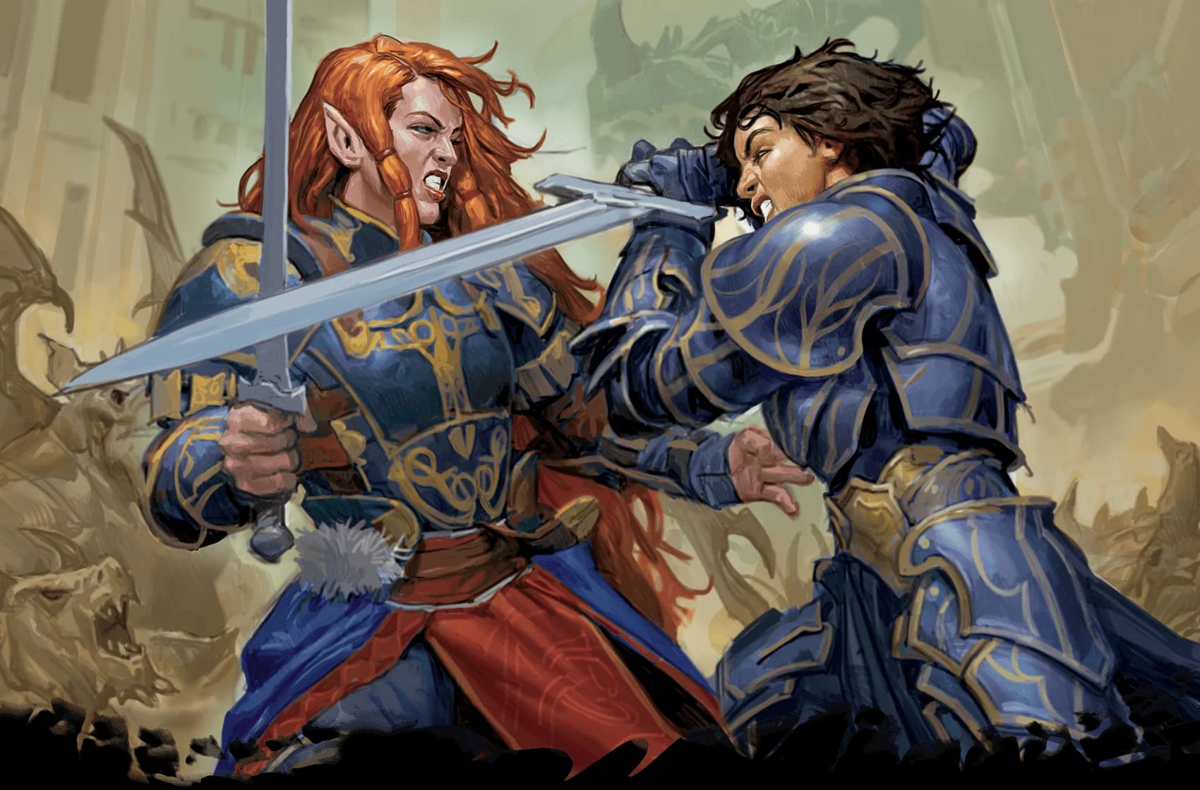 Laurana and Kitiara—generals and dragonriders in opposing armies—battle in the temple of the Dragon Queen