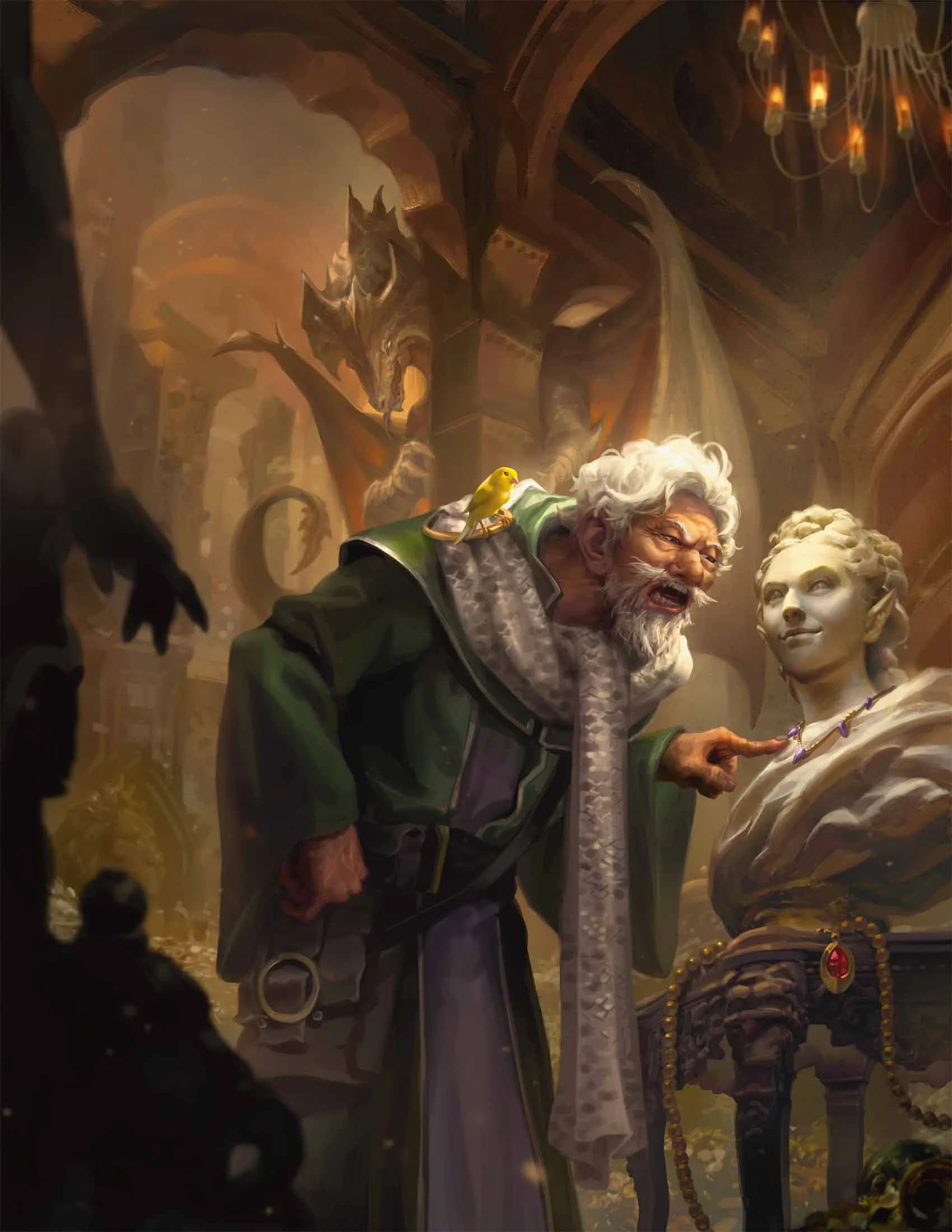 Fizban argues with a smug statue in the lair of an amused brass dragon