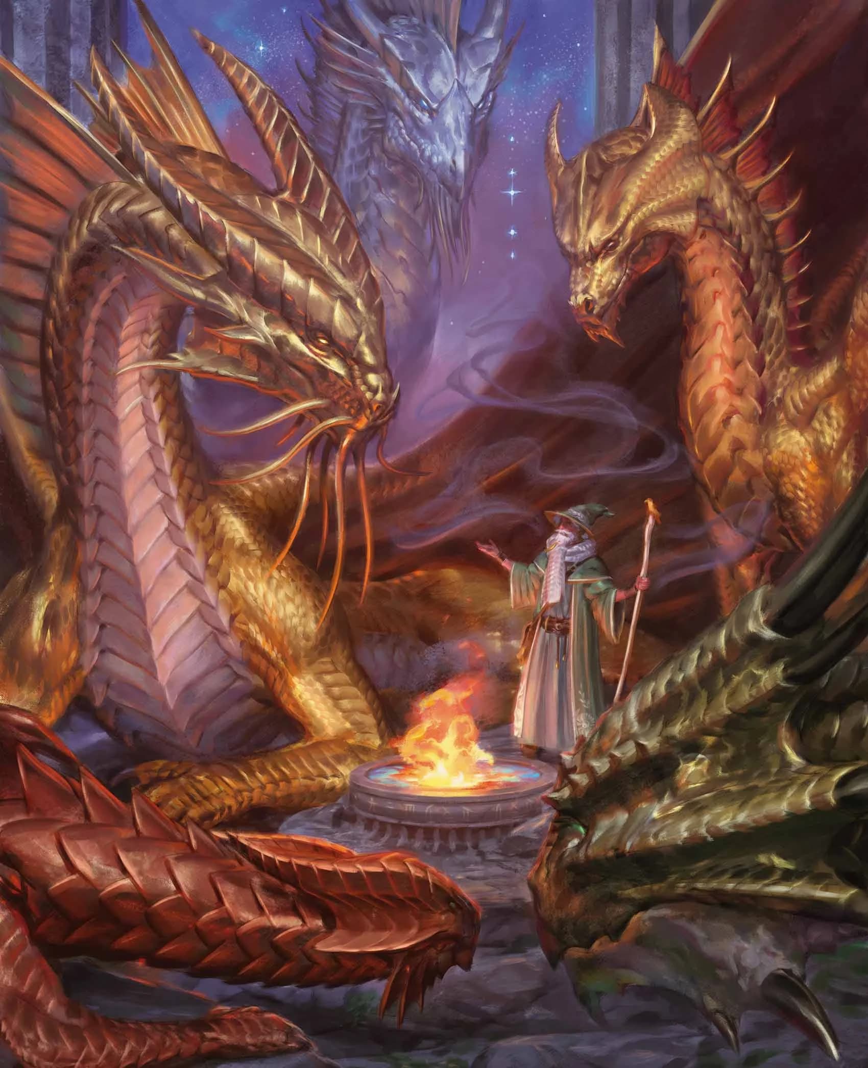 Fizban addresses a council of metallic dragons on a matter of crucial importance, probably unrelated to baked goods