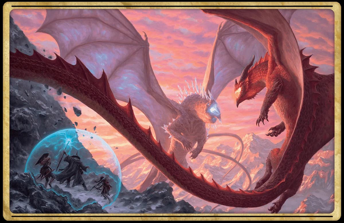 On the Cover: Fizban the Fabulous protects a group of innocents as a crystal dragon and a red dragon clash in the sky, in this painting by Chris Rahn.