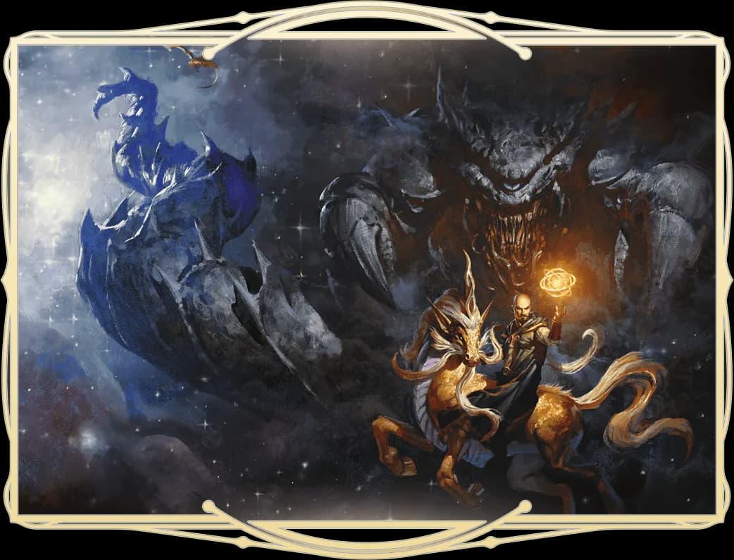 On the Cover: The wizard Mordenkainen soars through the Astral Plane astride a ki-rin—unaware of the astral dreadnought slinking toward them—in this painting by Grzegorz Rutkowski.