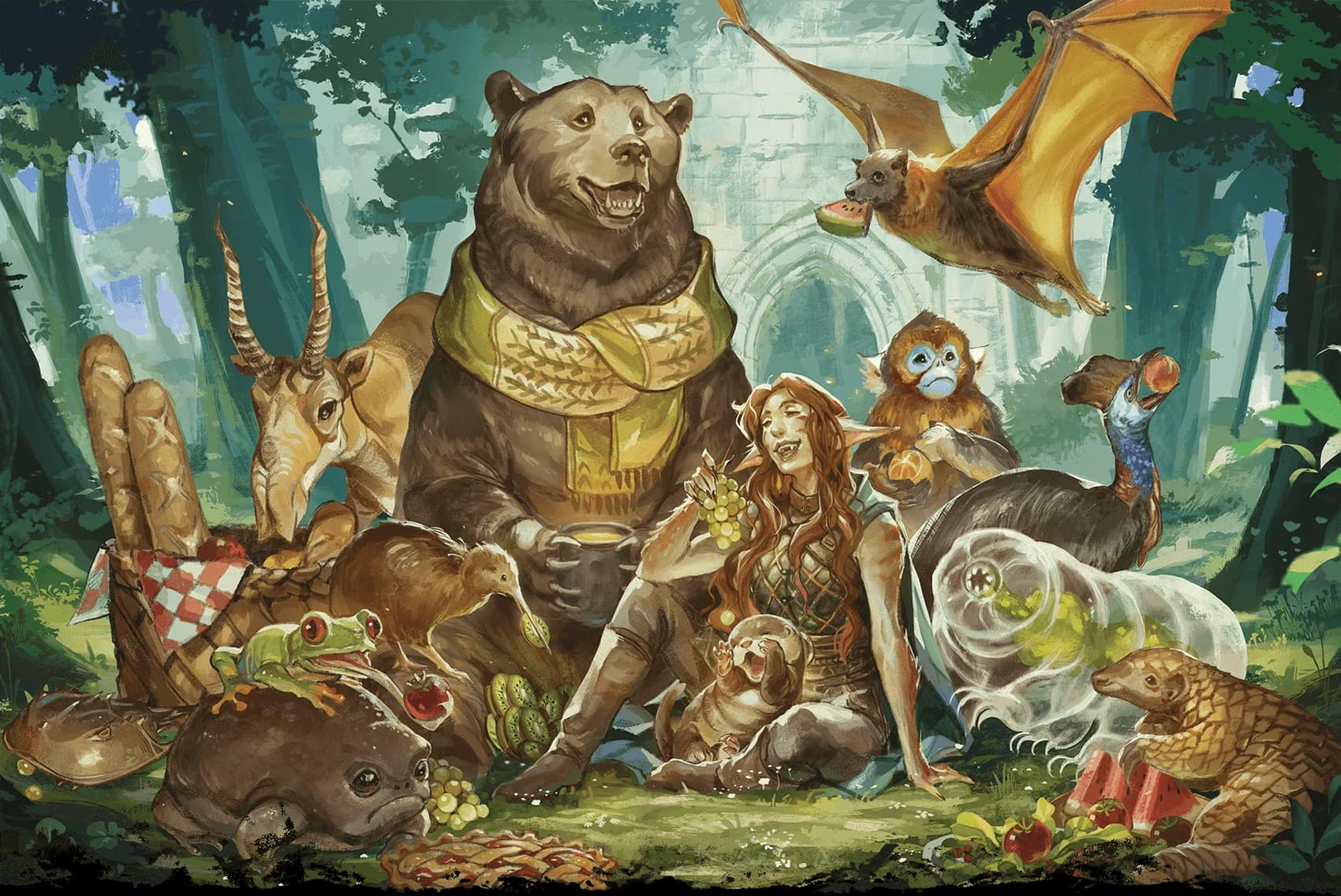 A Beastlands-influenced explorer picnics with her animal friends in an idyllic glade