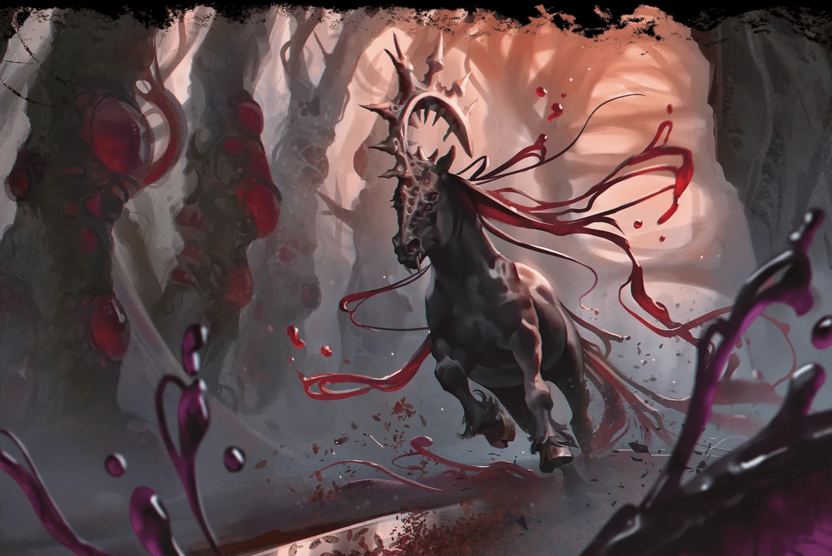 A unicorn influenced by Gehenna charges through a pustuled forest