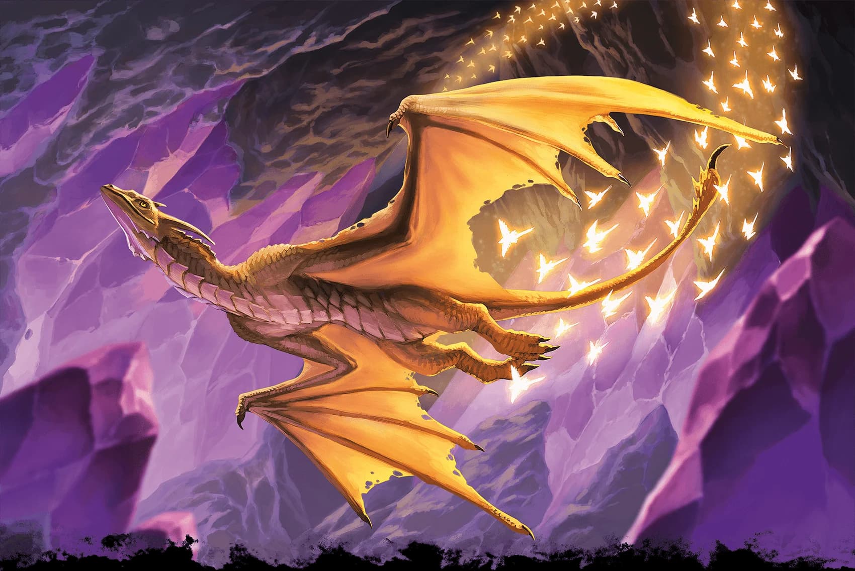 A gleaming wyvern imbued with the radiance of Mount Celestia navigates a crystalline cave