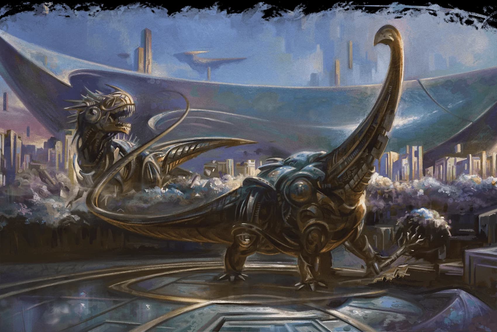 Mechanical dinosaurs roam an orderly realm influenced by the lawful energies of Mechanus