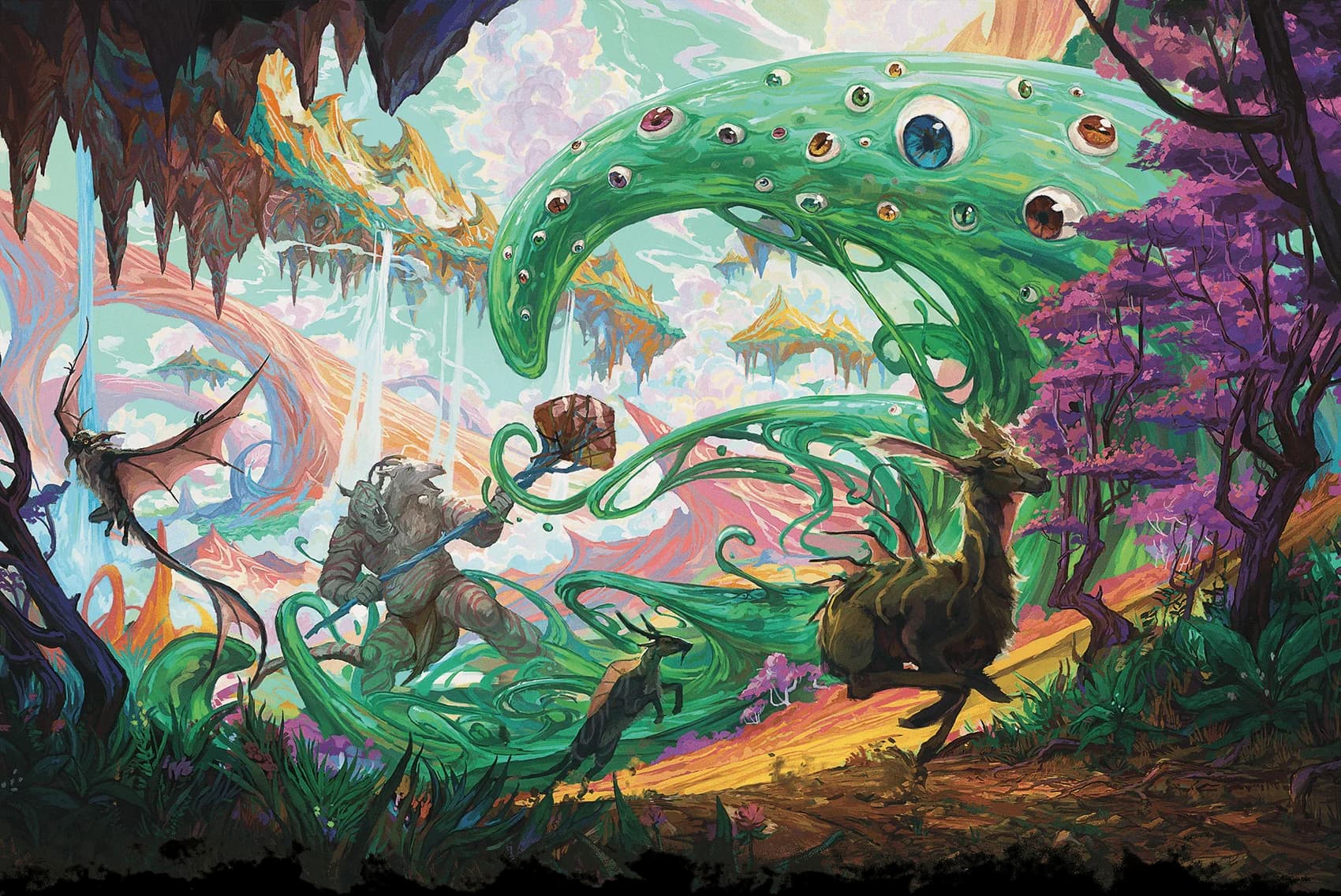 In a landscape warped by Limbo's pure chaos, an animal-headed ettin fights a massive, many-eyed ooze