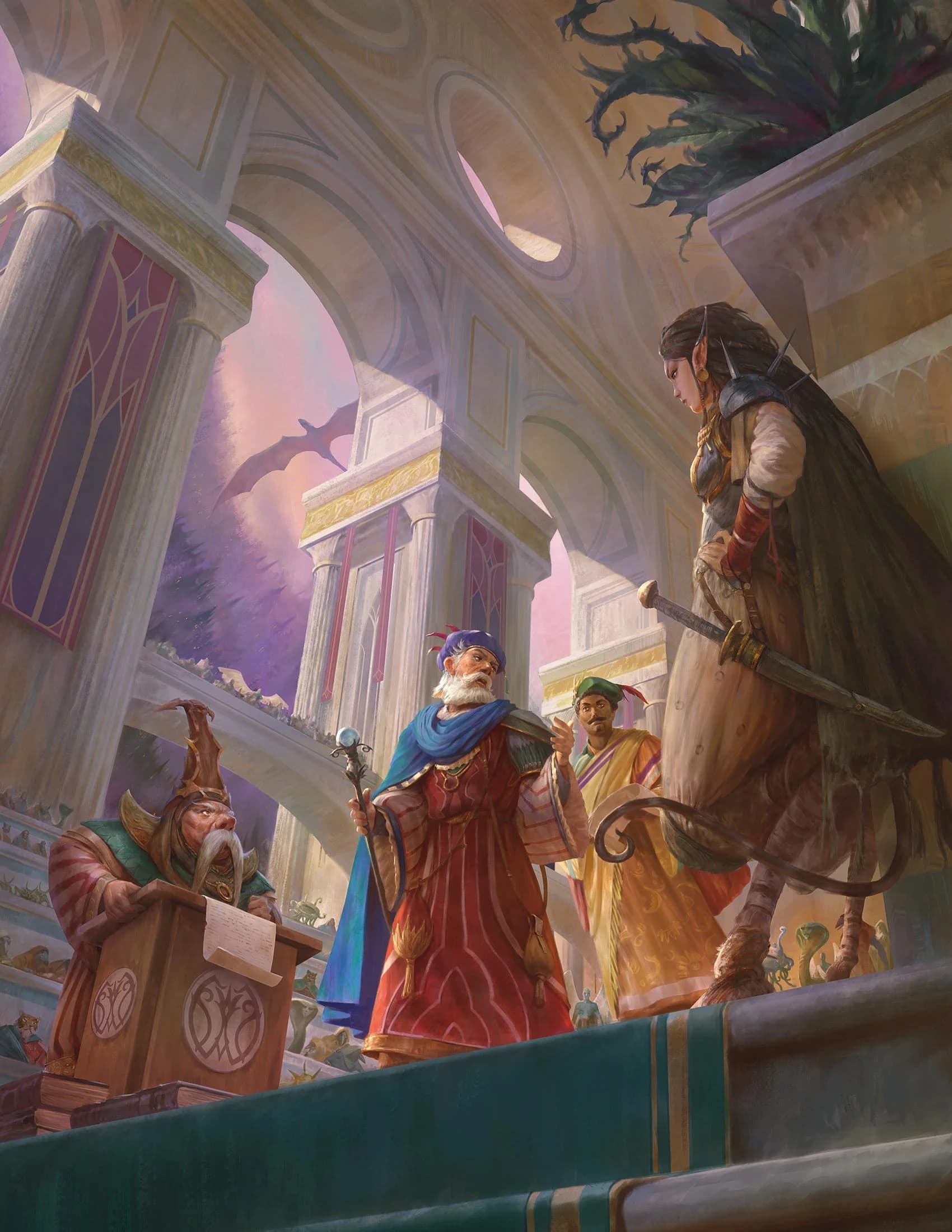 Factols Hashkar, Darkwood, and Rhys, along with other Sigil leaders, debate in the Hall of Speakers
