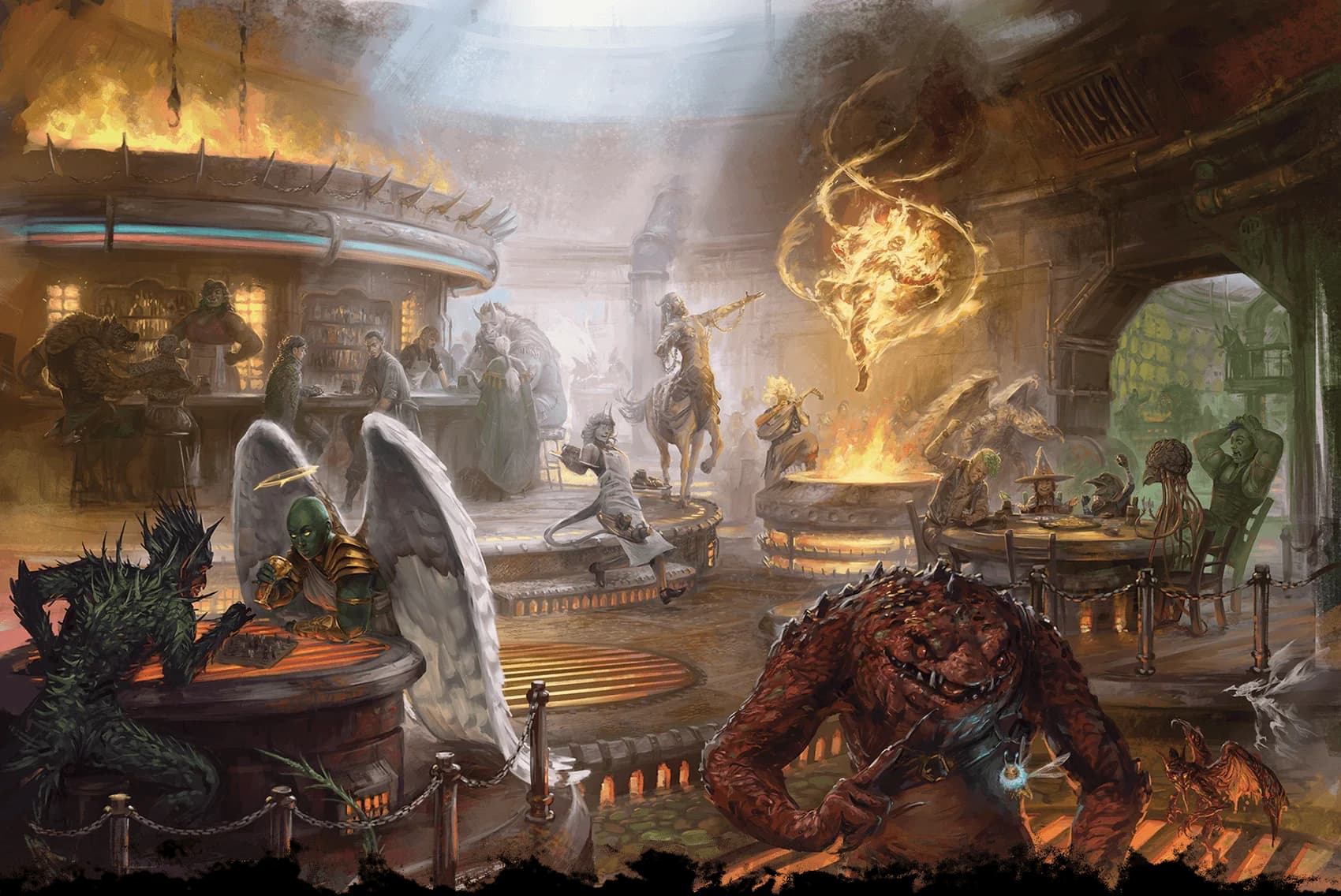 Angels, devils, and all manner of planar creatures relax in the Smoldering Corpse Bar in Sigil