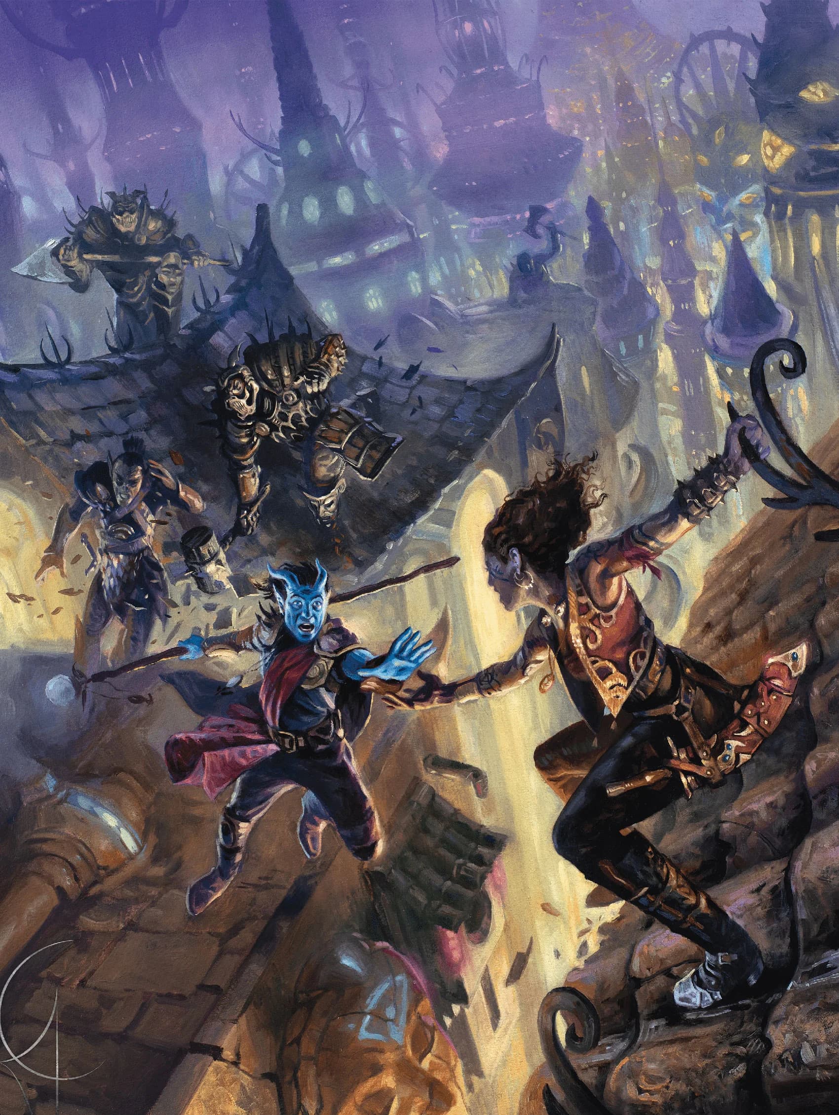 Planar adventurers flee Mercykiller enforcers over the roofs of Sigil