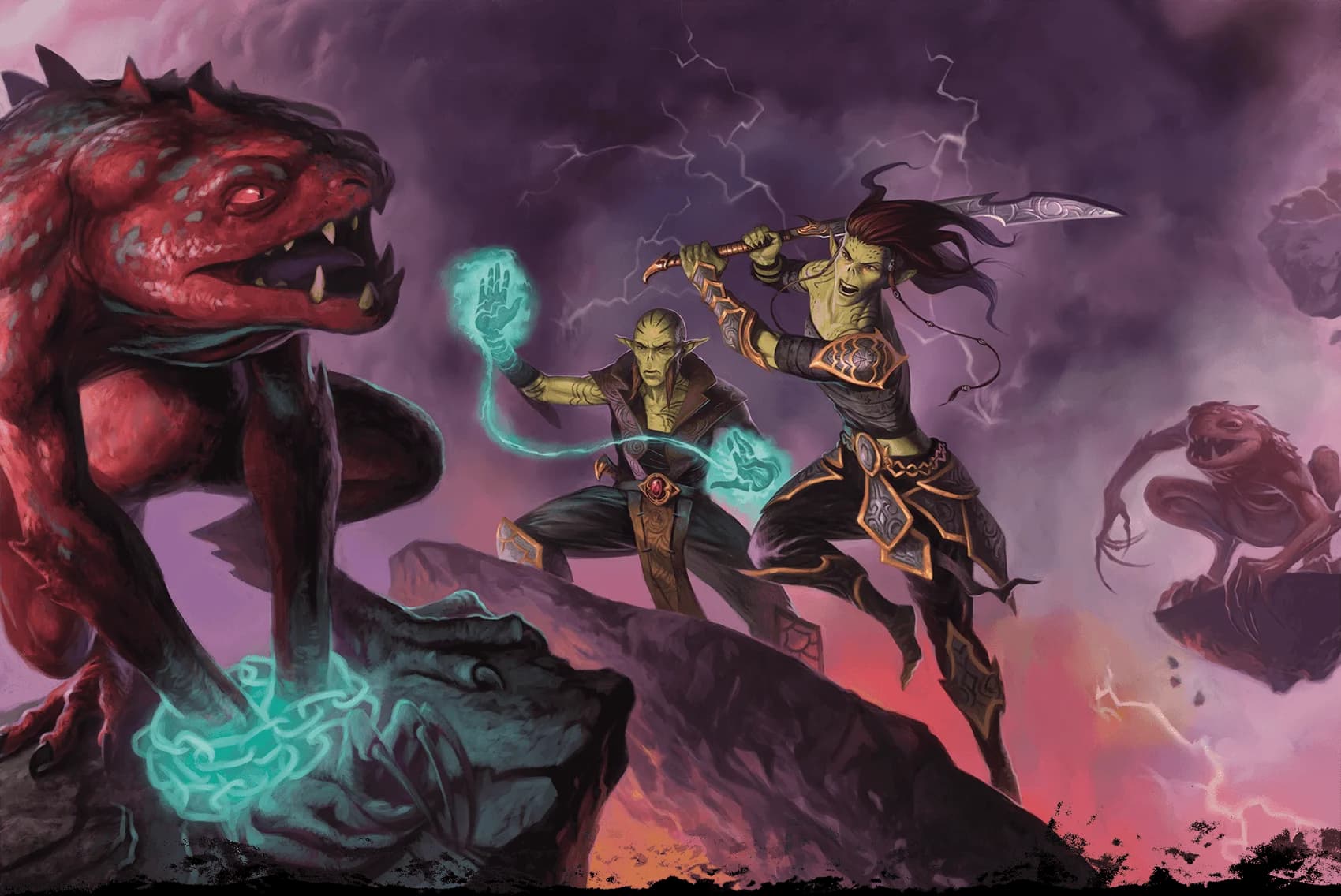 In the struggle between chaos and order, two gith warriors battle slaadi on the plane of Limbo