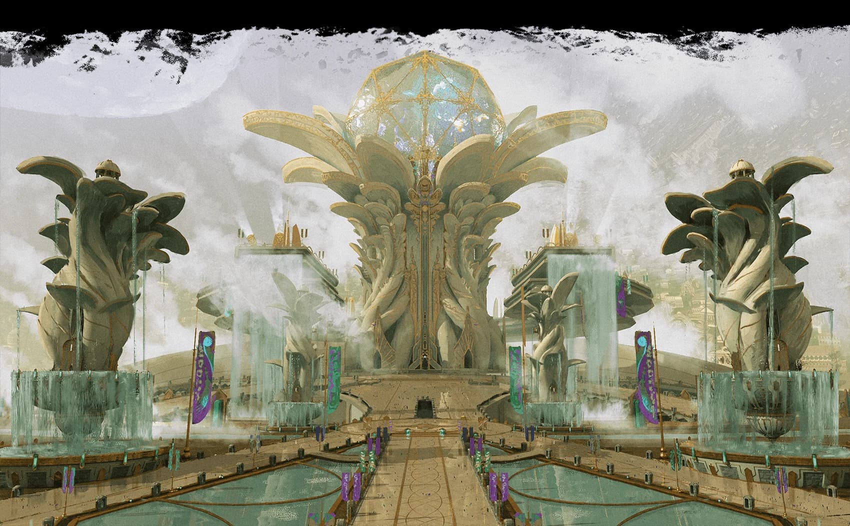 Intricately carved fountains and crystal pools decorate the grounds leading to the opulent Civic Festhall