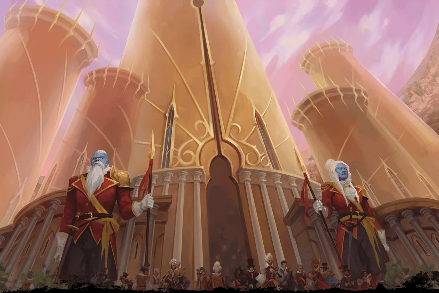 Dapper giants stand guard outside the Hall of Records, headquarters of the Fated