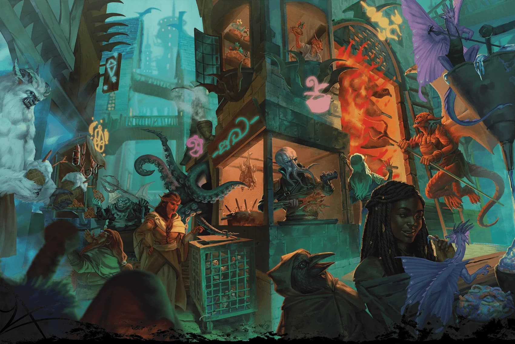 Hungry planar creatures gather in the Grease Pit, a streetfood alley where the flavors of the multiverse collide