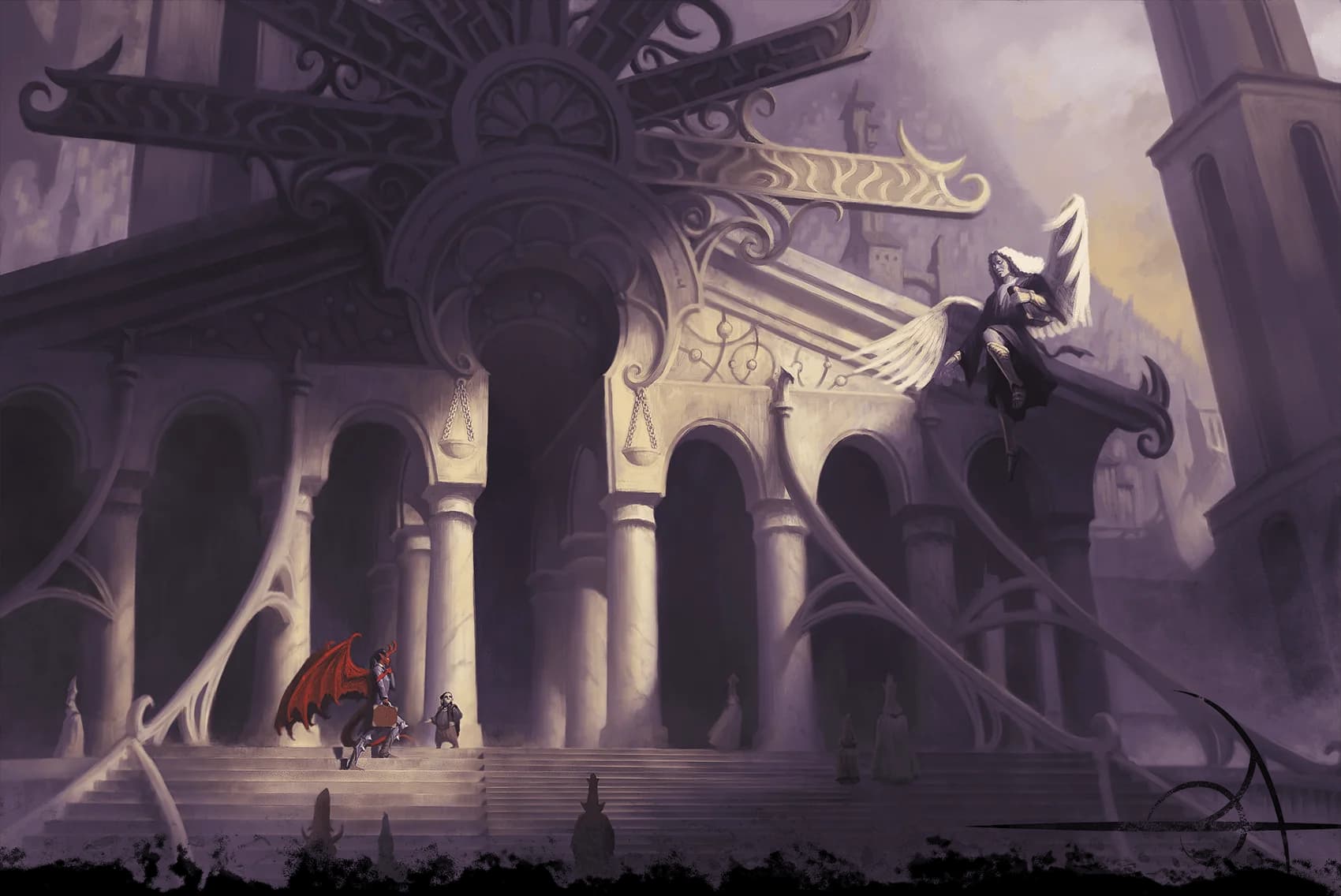 Sigil citizens prepare for trial on the steps of the High Courts, where the law is sacred