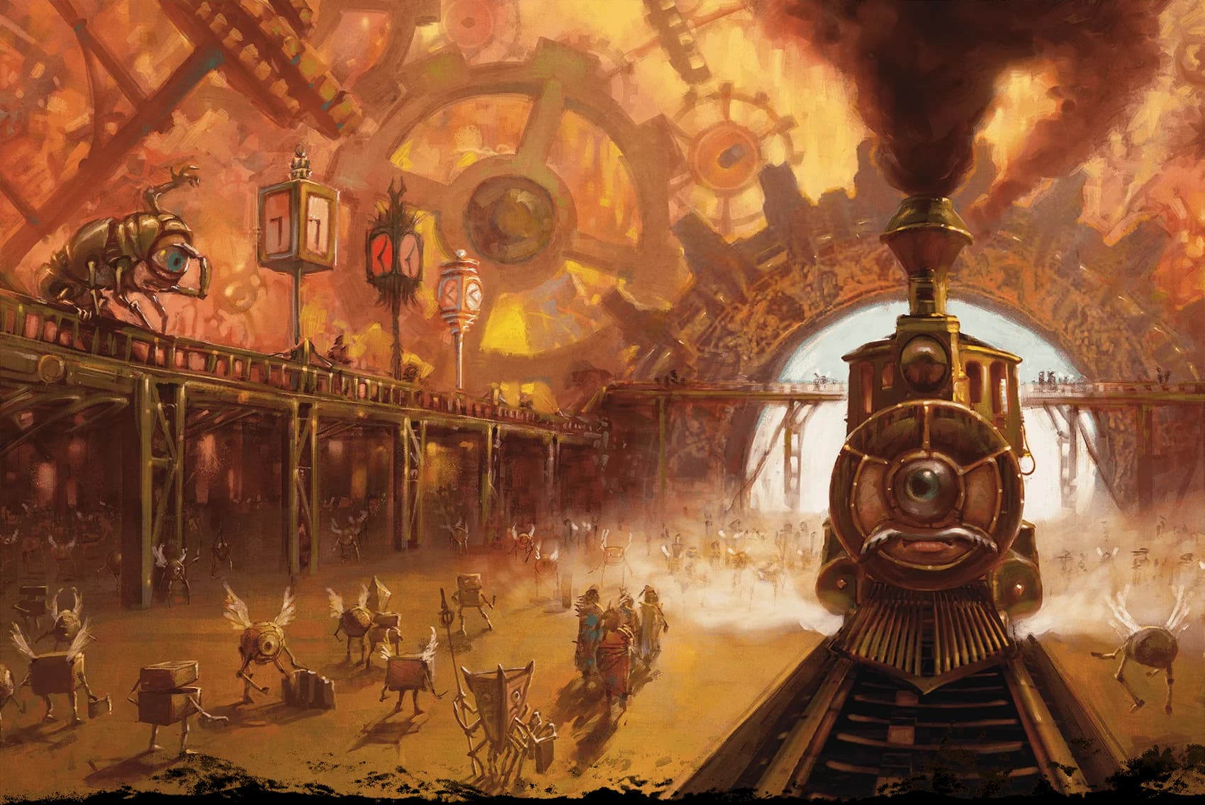 A planar locomotive, the Concordant Express, pulls into Concord Terminus via Automata's gate to Mechanus
