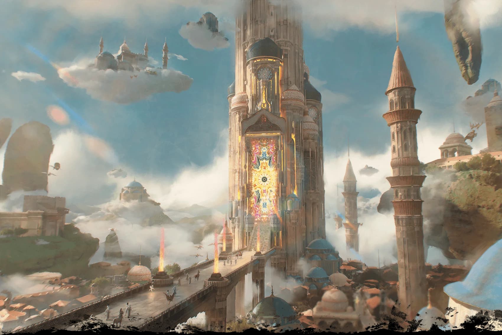 Excelsior's tallest tower, the Godstrand, extends into the sky, orbited by floating structures atop drifting clouds