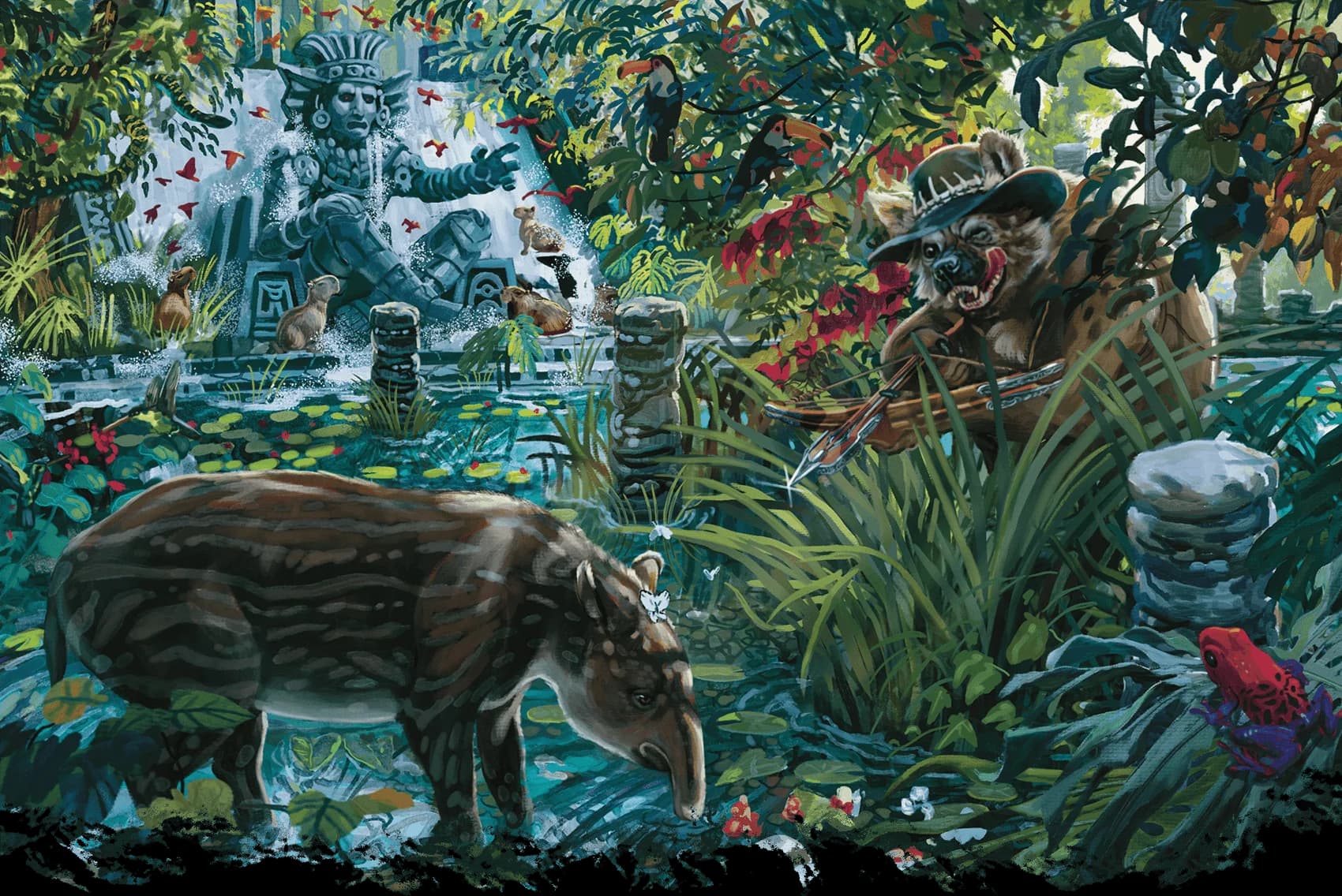 A gnoll poacher takes aim at a tapir near Faunel's planar gate, angering the stone colossus Wrath