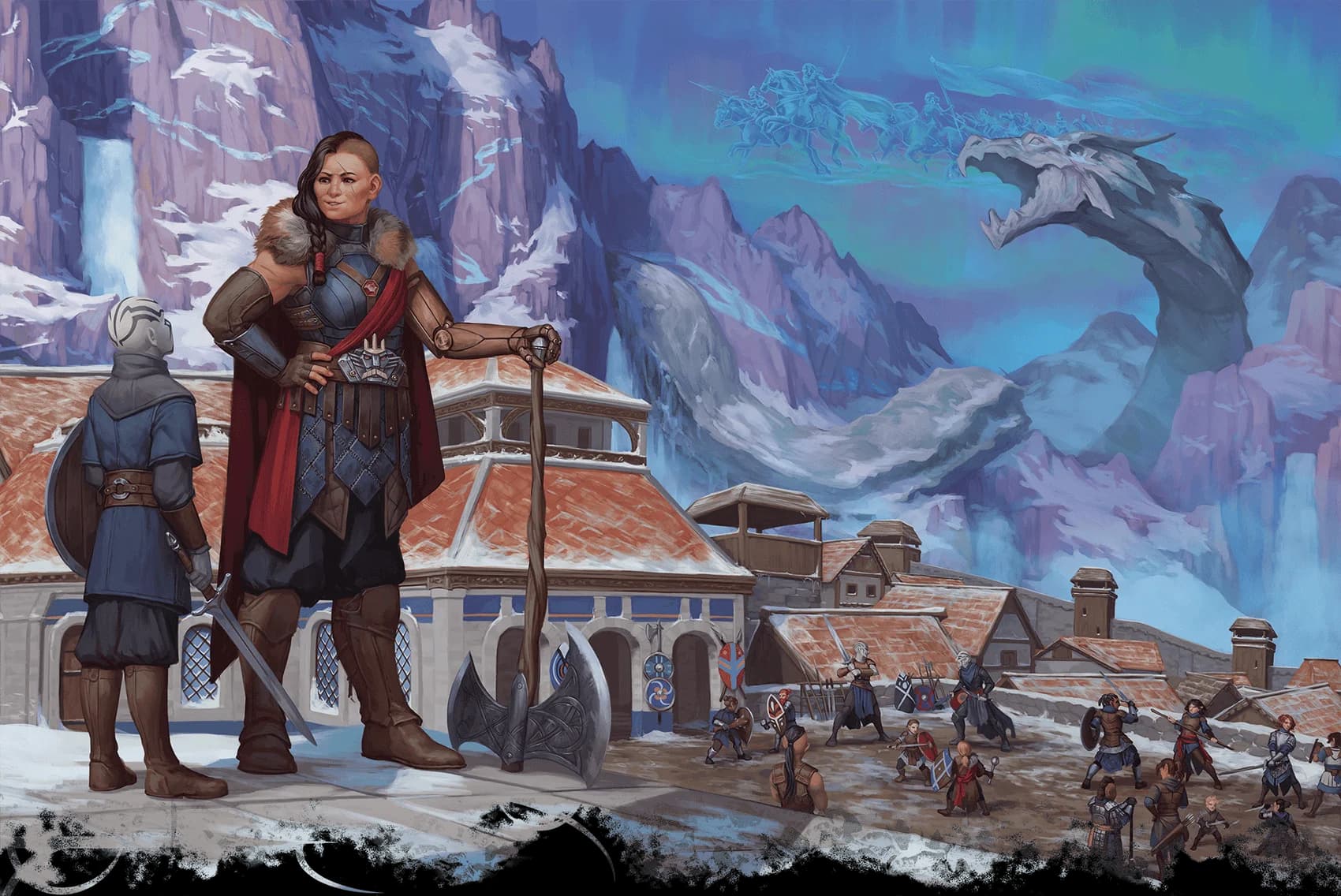 Tyrza Bonebreaker addresses a young goliath warrior at Glorium's training grounds