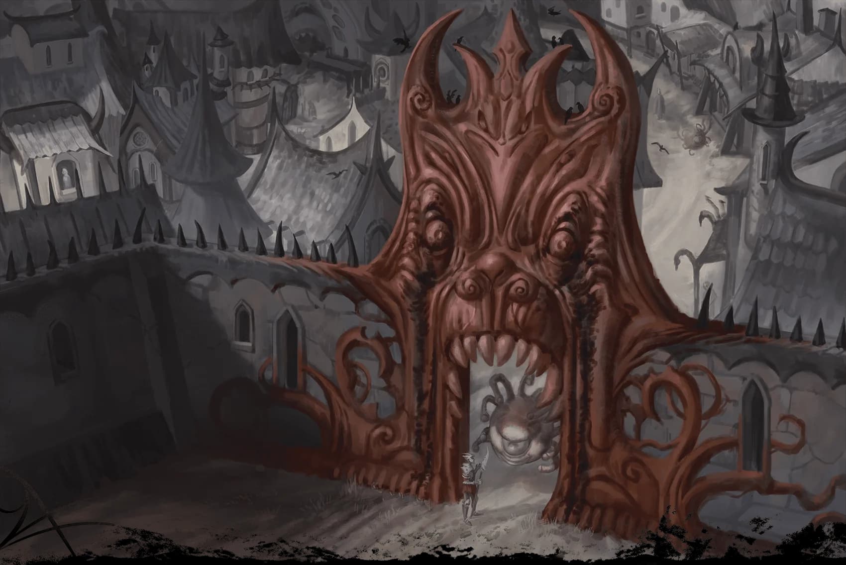 A beholder interrogates a traveler at the Screaming Gate, the entrance to Hopeless