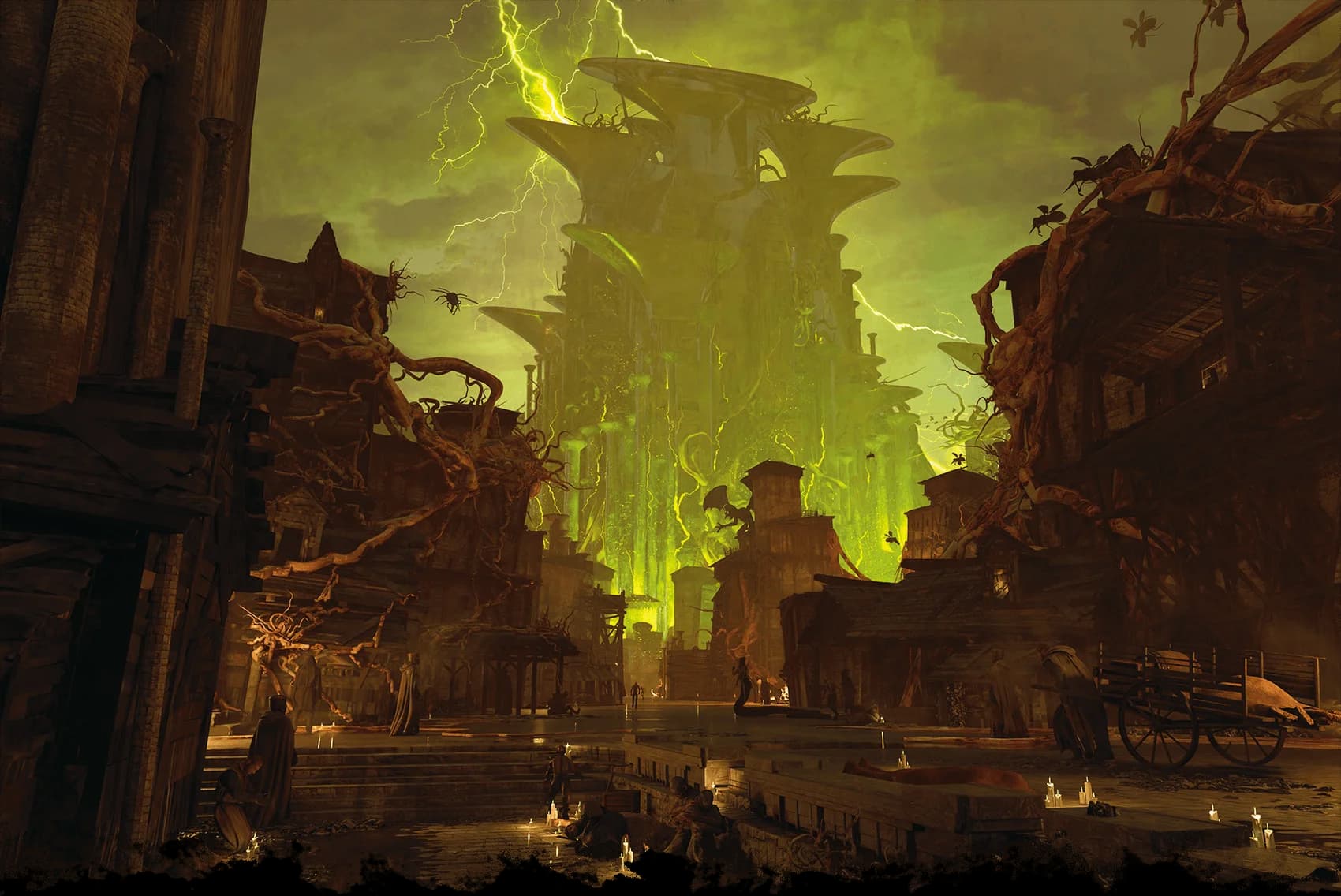 A grim fortress, Blightsteel Keep, looms over the demon-infested town of Plague-Mort