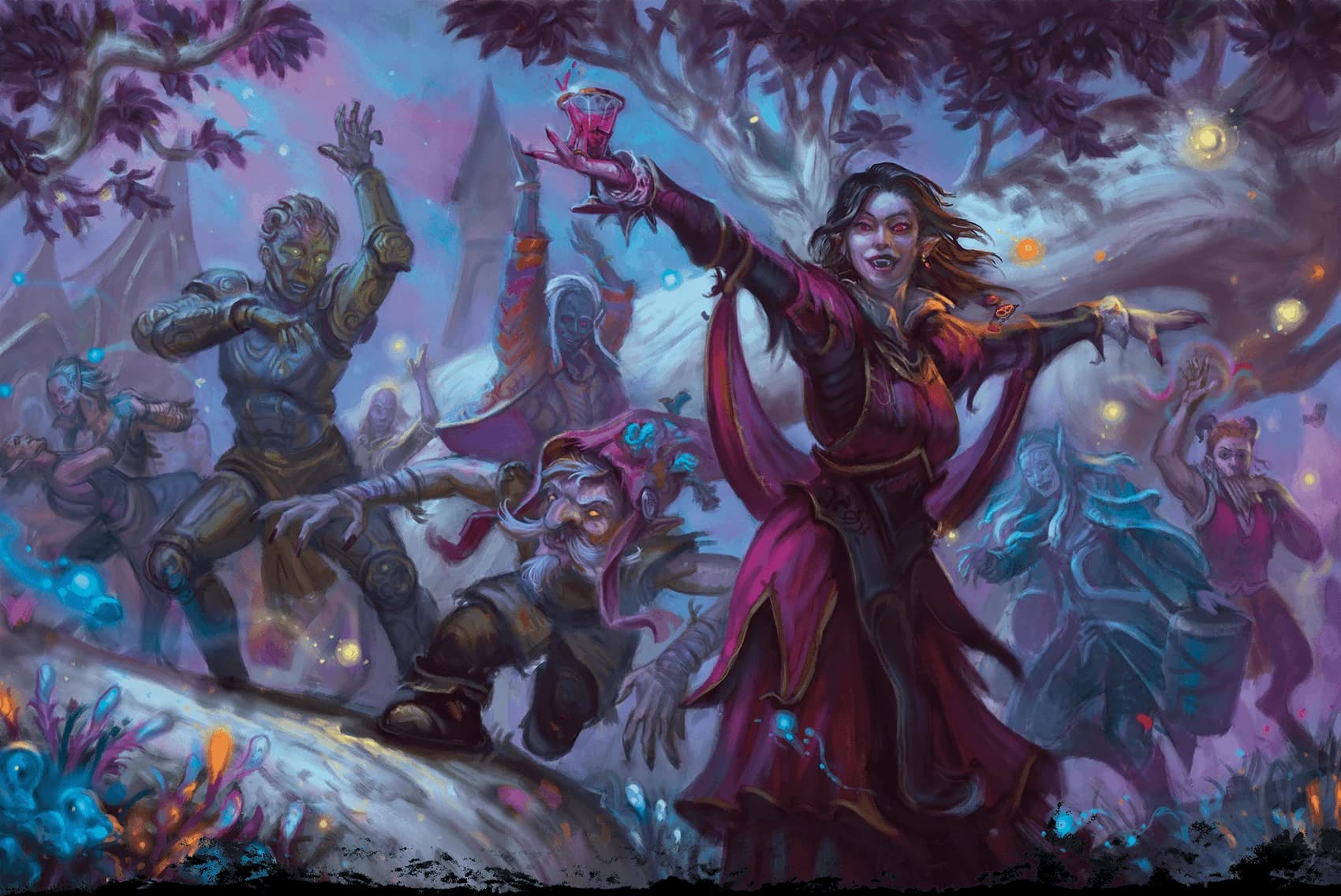 A vampire revels with fey creatures and one of the Seven Spiritors during a nighttime rave in Sylvania