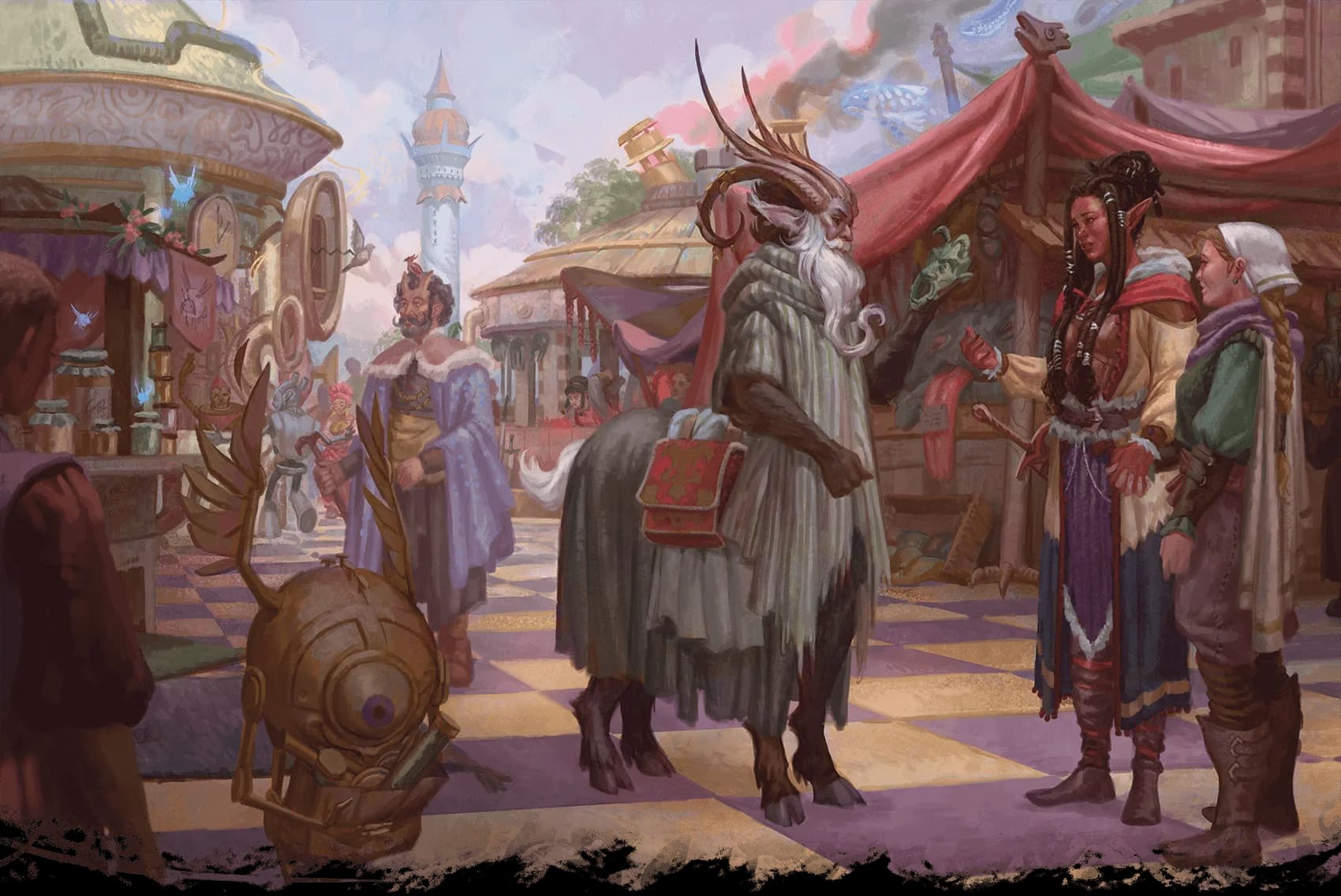 Tradegate's living portal to Bytopia, the Trade Master, inspects an offering from a pair of prospective travelers