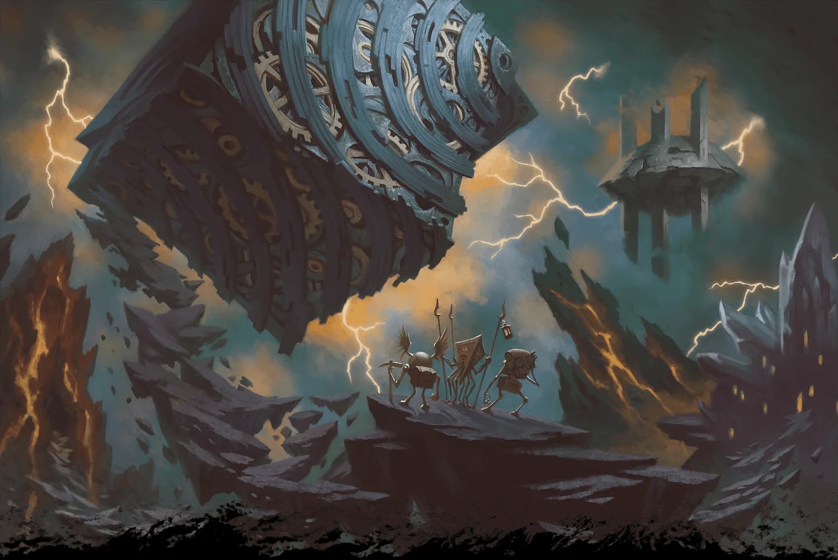 Three modrons prepare to enter the Cube, a mechanical outpost corrupted by the disorder of Xaos