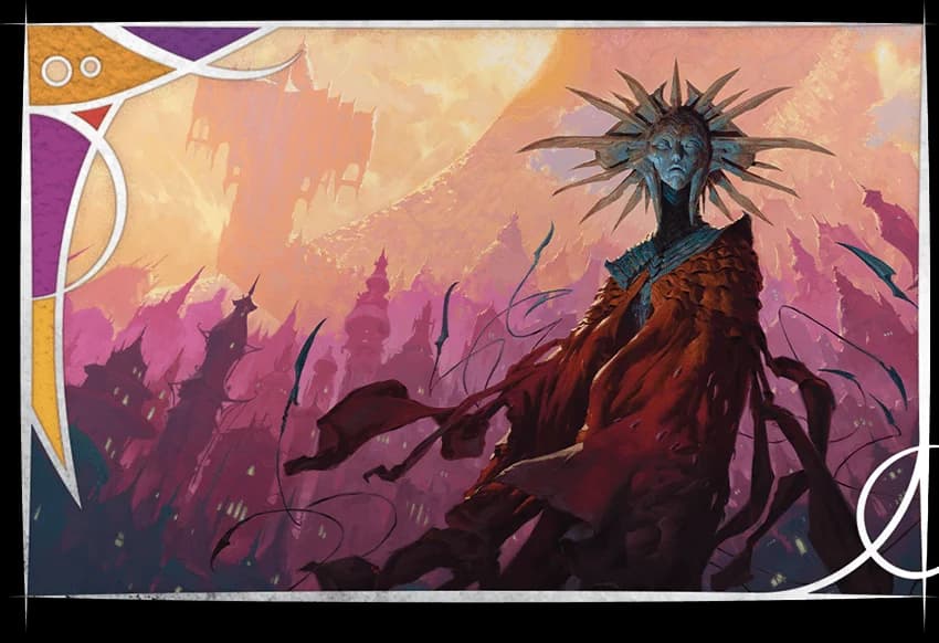 On the Cover: Sigil's enigmatic ruler, the Lady of Pain, looms before the planar metropolis and its curving skyline in this painting by Tyler Jacobson.