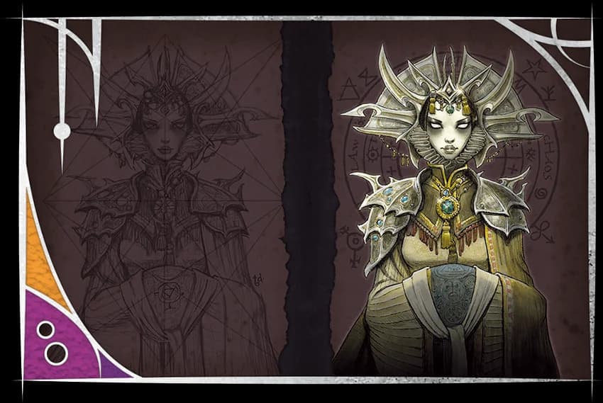 On the Alt-Cover: On this cover, Tony DiTerlizzi depicts the Lady of Pain in her iconic bladed headdress. The expressionless Lady's inner machinations are unknowable.