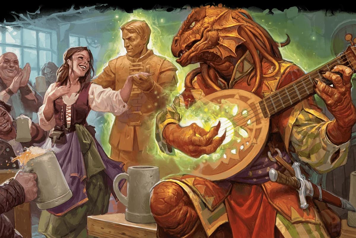A dragonborn bard of the College of Creation animates a statue to dance.