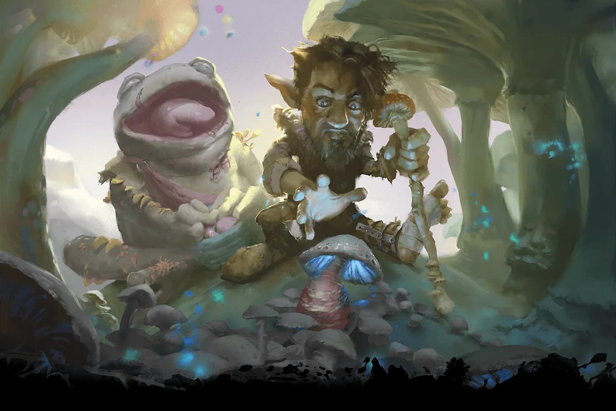 A gnome druid of spores picks mushrooms with his bullywug zombie companion.