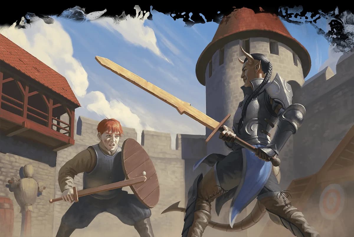 A young fighter spars with an instructor.