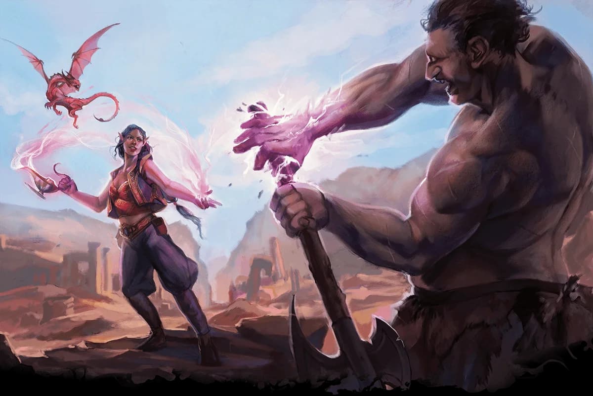A warlock uses a genie's vessel to battle a cyclops.