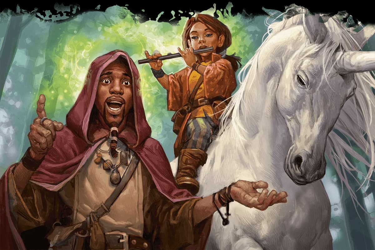 Astride a unicorn, a telepathic bard inspires her wizard companion.