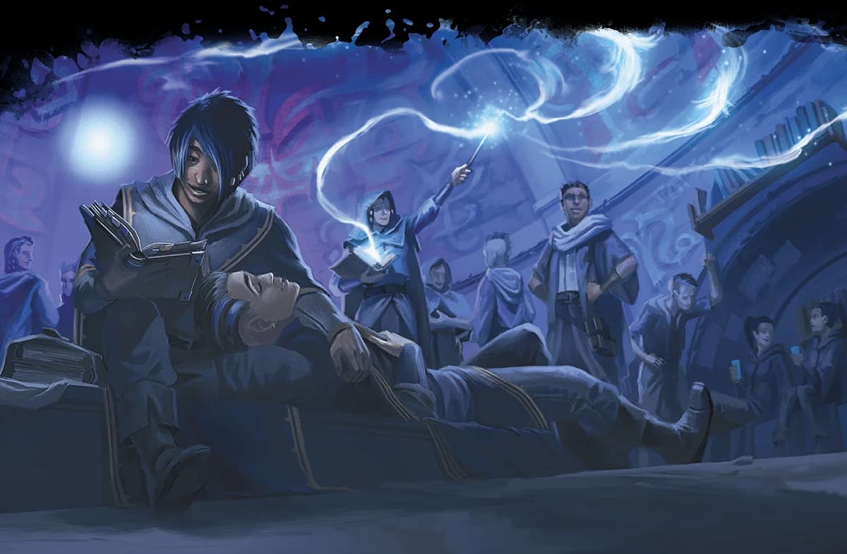 Wizardly boyfriends relax while their classmates practice magic at an arcane enclave