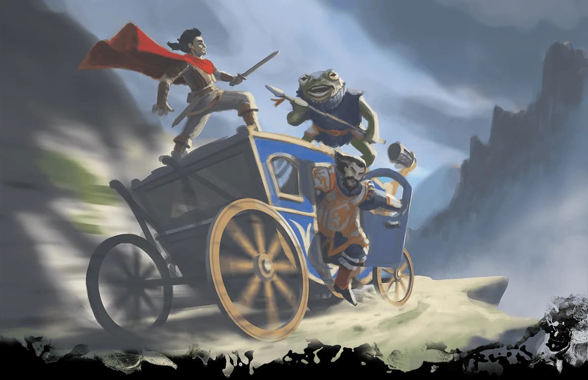 A hero fights the bullywug who guards the villainous master of the bakers' guild