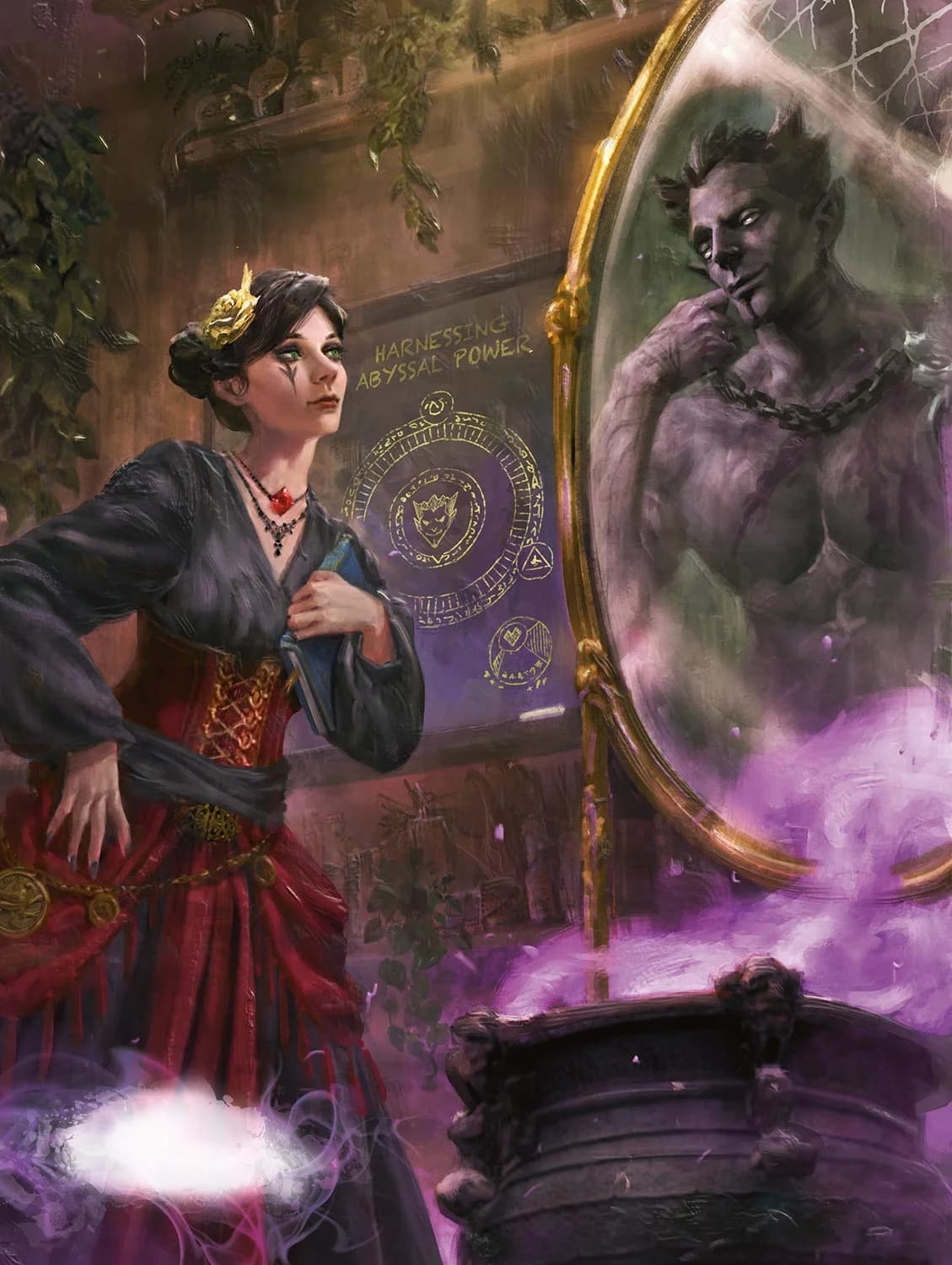 In her lab, Tasha confers with the demon lord Graz'zt through a magic mirror