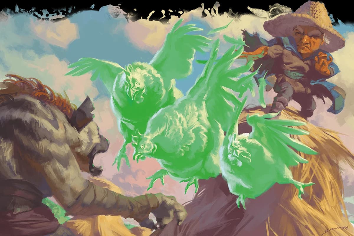 A farmer sorcerer hurls magic missiles that look like chickens