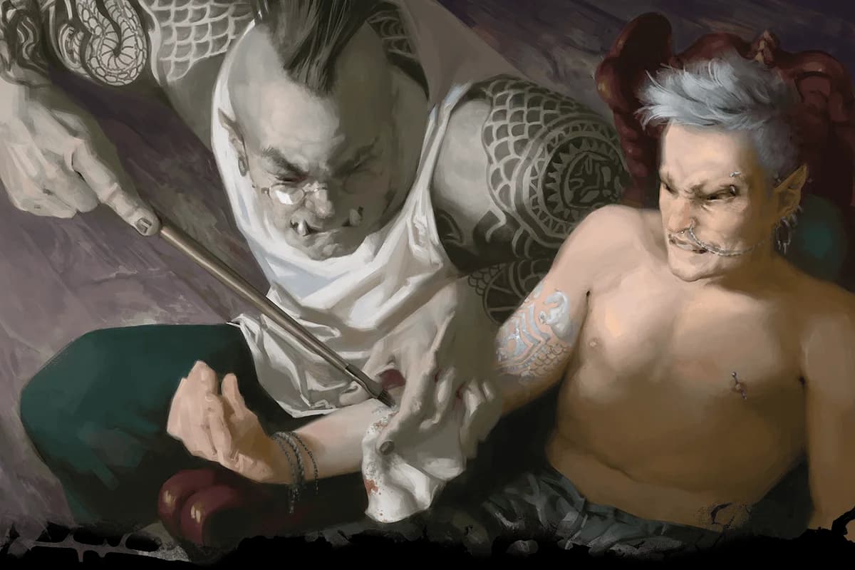 An orc artist creates a tattoo on his elf friend