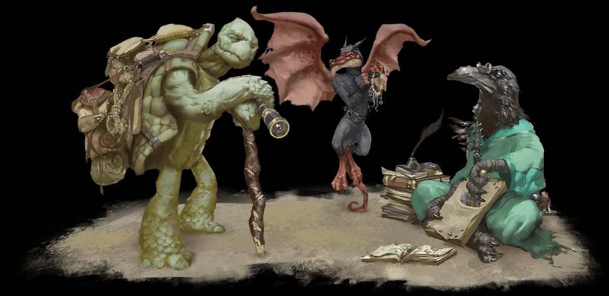 Experts, Left to Right: a Tortle, a Winged Kobold, and a Kenku