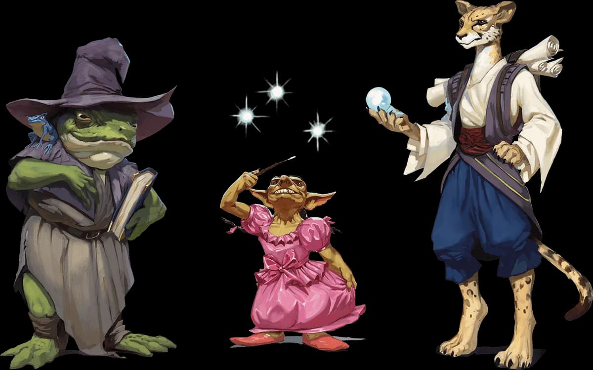 Spellcasters, Left to Right: a Bullywug, a Goblin, and a Tabaxi