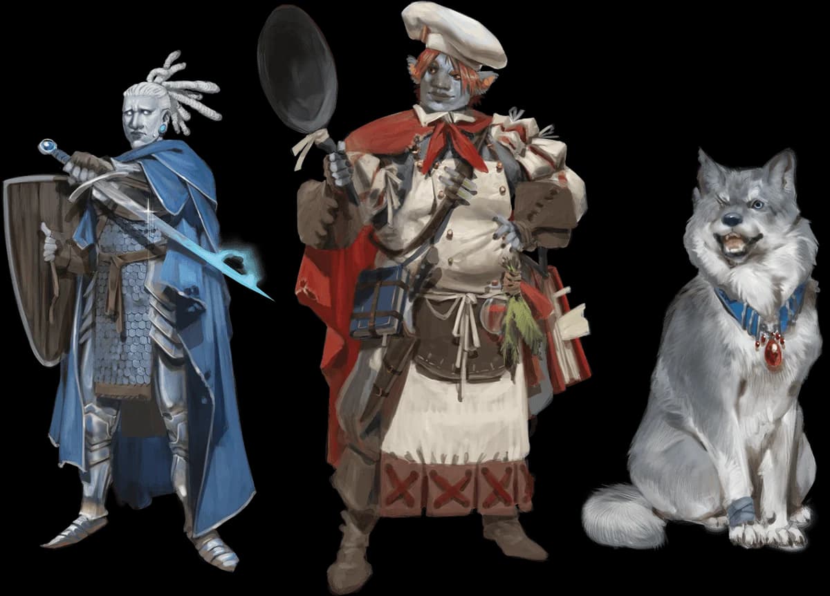 Warriors, Left to Right: an Aasimar, a Firbolg, and a Wolf